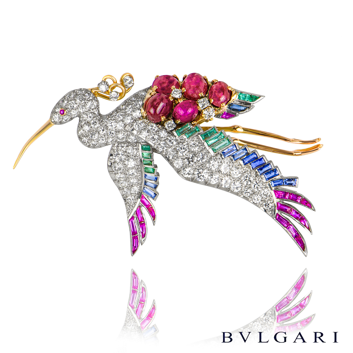 Bvlgari Diamond, Ruby, Sapphire & Emerald Bird Brooch | Rich Diamonds